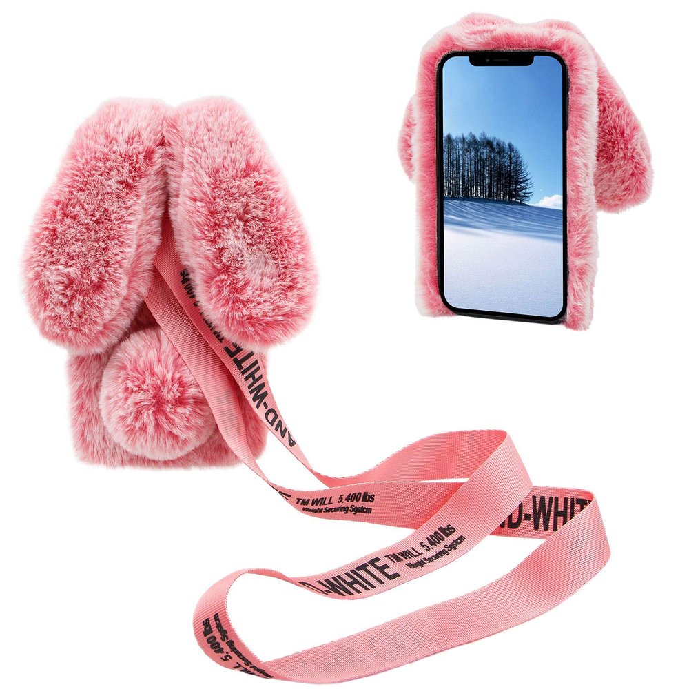 DasKAn 3D Bunny Ears Plush Case for iPod Touch 5/6 / 7 with Crossbody Strap, Winter Warm Handmade Bling Diamond Soft Rabbit Fluffy Furry Fur Shockproof Protective Phone Cover, Pink