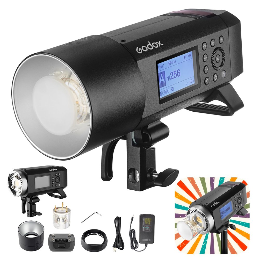 Godox AD400PRO Profession Studio Flash Light with Godox&Bowens Mount GN72 400Ws 2.4G TTL HHS 1/8000S 5600K200K 21.6V/2600mAh 0.01-1s Recycle Time 30W Modeling lamp for Portrait/Product Photography
