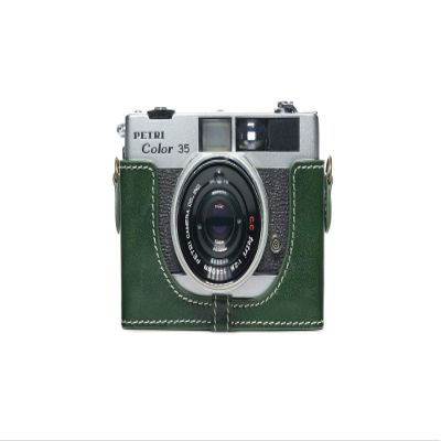 35 35E Case, BolinUS Handmade Genuine Real Leather Half Camera Case Bag Cover for Petri Color 35 35E Camera with Hand Strap (Green)