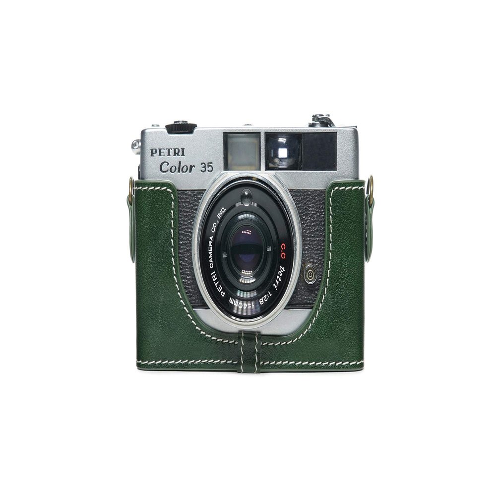 35 35E Case, BolinUS Handmade Genuine Real Leather Half Camera Case Bag Cover for Petri Color 35 35E Camera with Hand Strap (Green)