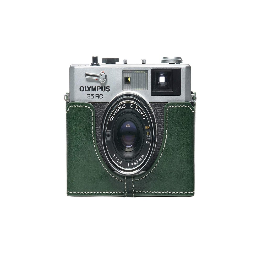35 RC Case, BolinUS Handmade Genuine Real Leather Half Camera Case Bag Cover for Olympus 35 RC Camera with Hand Strap (Green)