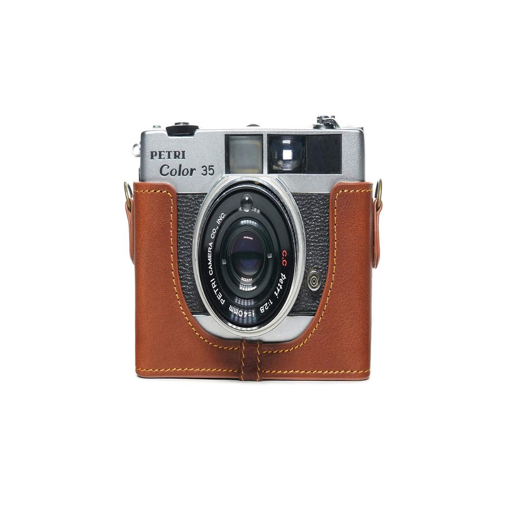 35 35E Case, BolinUS Handmade Genuine Real Leather Half Camera Case Bag Cover for Petri Color 35 35E Camera with Hand Strap (LavaBrown)