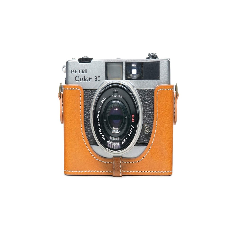 35 35E Case, BolinUS Handmade Genuine Real Leather Half Camera Case Bag Cover for Petri Color 35 35E Camera with Hand Strap (Yellow)