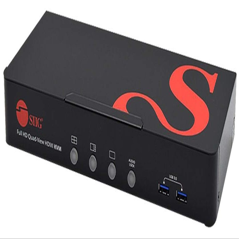 SIIG 1080p Quad View HDMI KVM Switch, Mouse Roaming & Seamless Switch - Control Four PCs in Quad View Mode, 4X USB 3.0 Ports, Hotkey Control, ESD Protection, TAA Compliant (CE-KV0A11-S1)