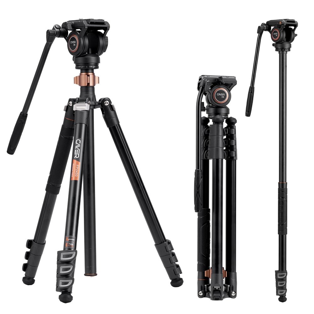 Cayer FP2450 Fluid Head Tripod, 75 inches Aluminium Video Tripod, 4-Section Compact Camera Tripod Monopod with Fluid Head for DSLR Camera, Camcorder, Load Capacity up to 13.2 Pounds