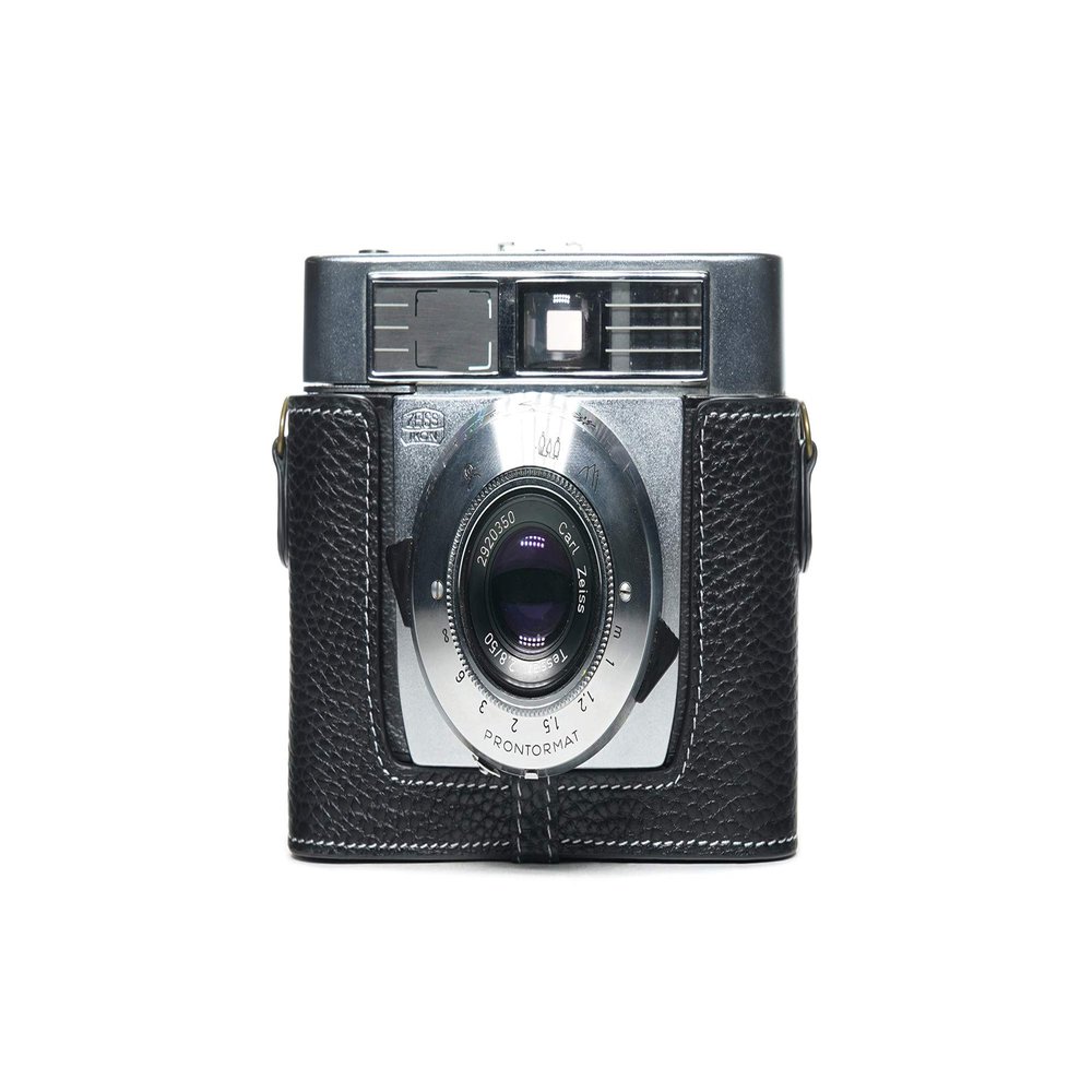 Symbolica Case, BolinUS Handmade Genuine Real Leather Half Camera Case Bag Cover for Zeiss Ikon Symbolica Camera with Hand Strap (Black)