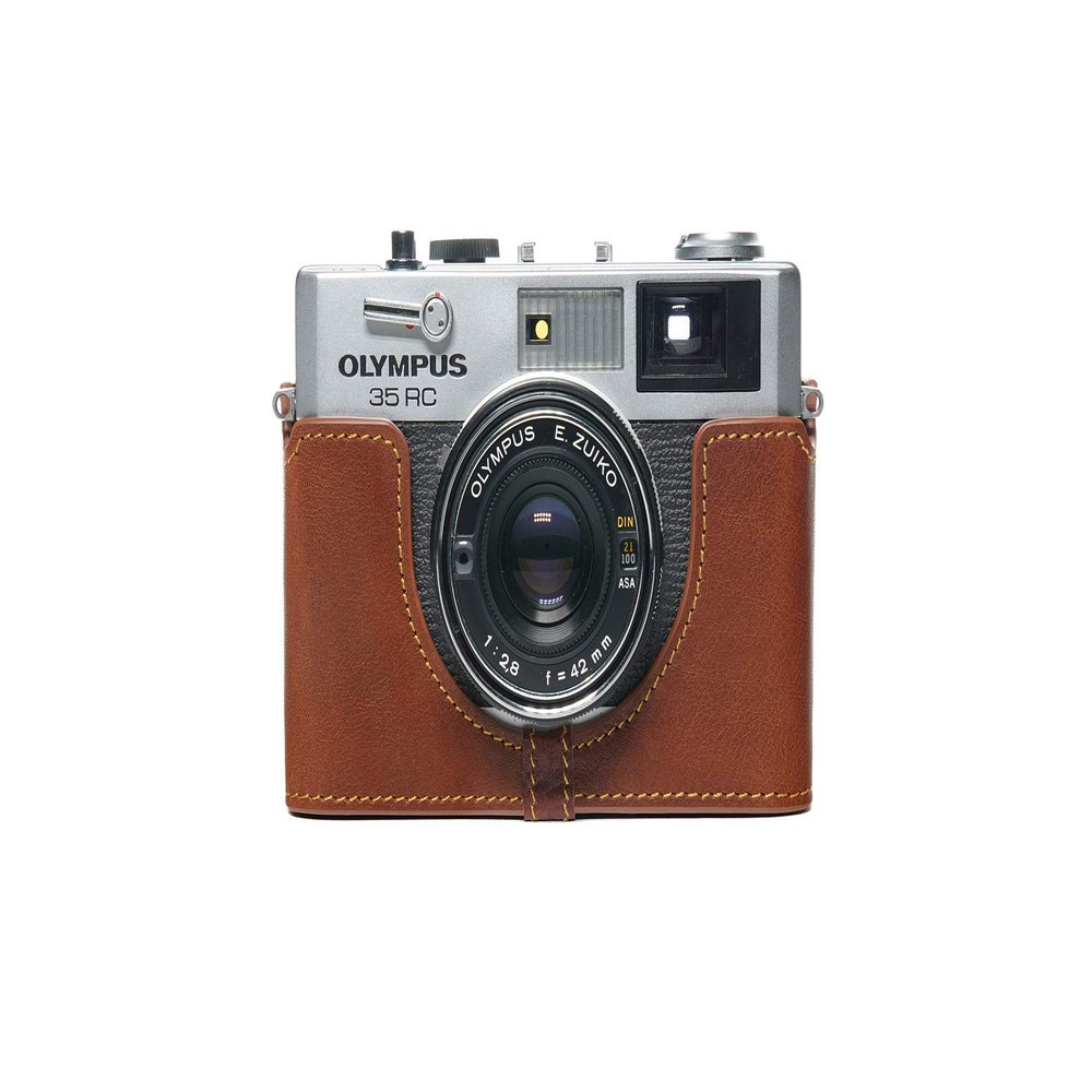 35 RC Case, BolinUS Handmade Genuine Real Leather Half Camera Case Bag Cover for Olympus 35 RC Camera with Hand Strap (LavaBrown)