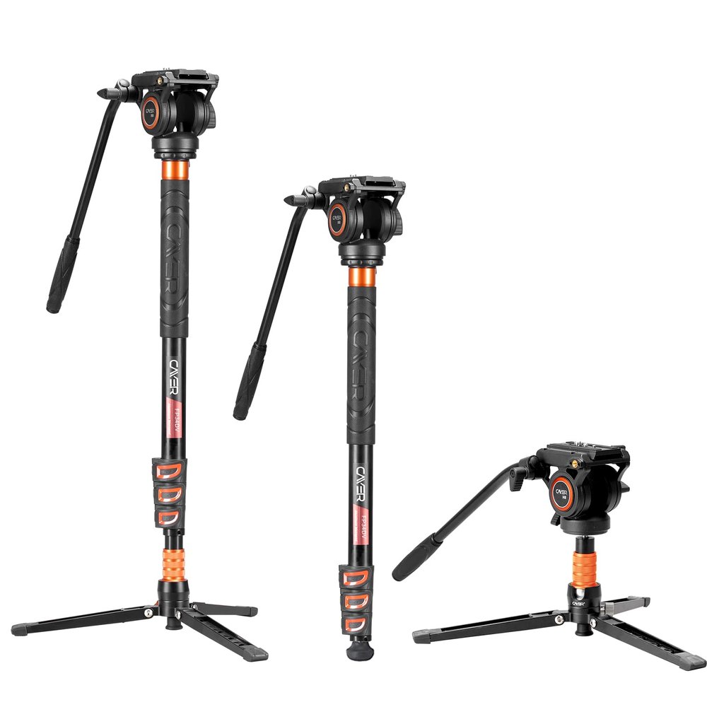 Cayer FP34 Monopod with Feet, 71 inch Aluminum Telescopic Camera Monopod with Fluid Head and 3-Leg Tripod Base for DSLR Video Cameras Camcorders, Supporting up to 13.2 lbs