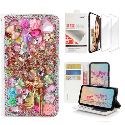 STENES Bling Wallet Phone Case Compatible with Moto G Play 2021 - Stylish - 3D Handmade Snow Girls High Heel Flowers Leather Cover with Screen Protector [2 Pack] - Pink