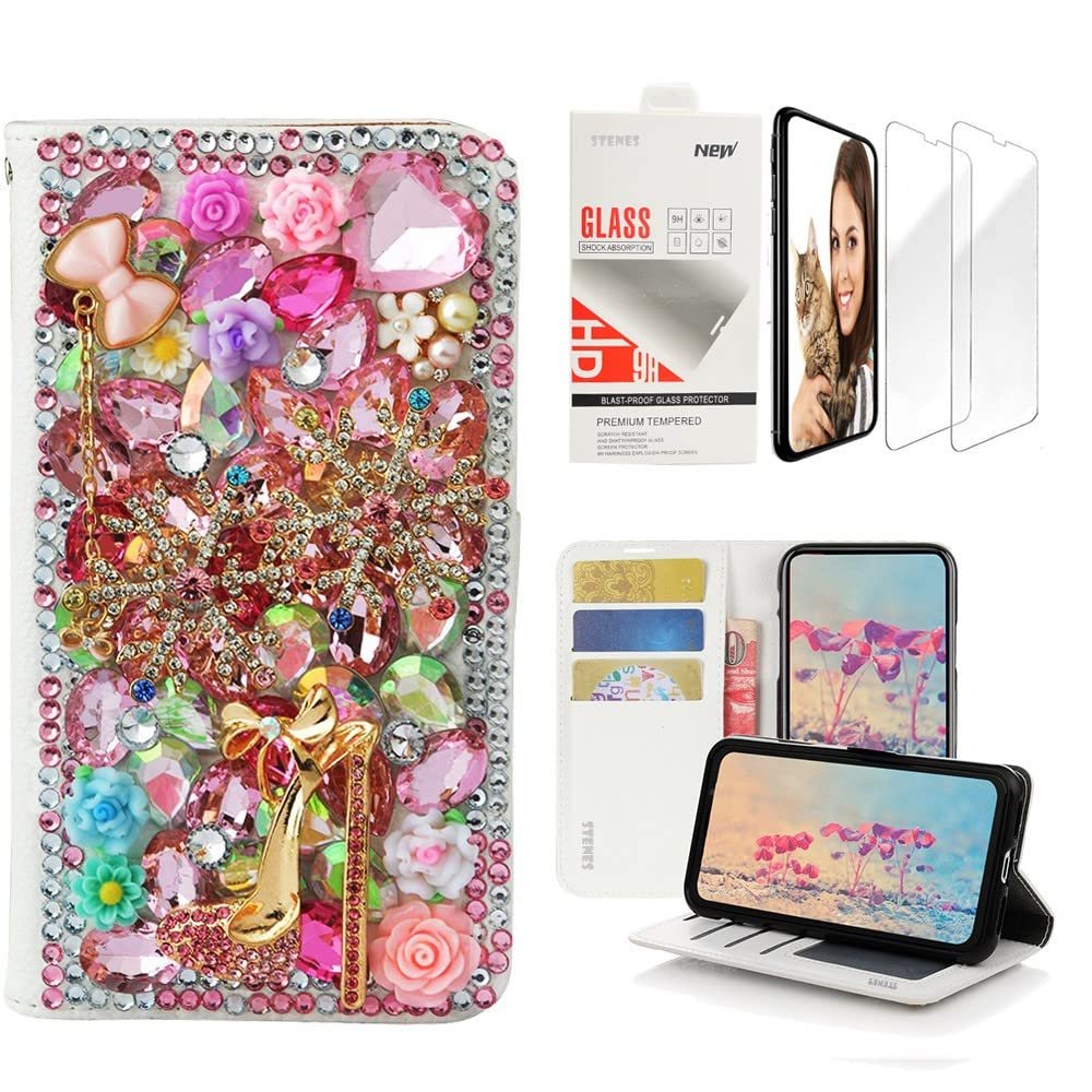 STENES Bling Wallet Phone Case Compatible with Moto G Play 2021 - Stylish - 3D Handmade Snow Girls High Heel Flowers Leather Cover with Screen Protector [2 Pack] - Pink