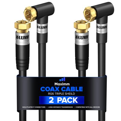 Maximm RG6 COAXIAL Cable with 90 Angled Connector - 3ft / Black / 2 Pack - Triple Shielded, Non-Oxygen Copper Cable Wire for TV, Internet & More - Flexible Coax Cable Cord