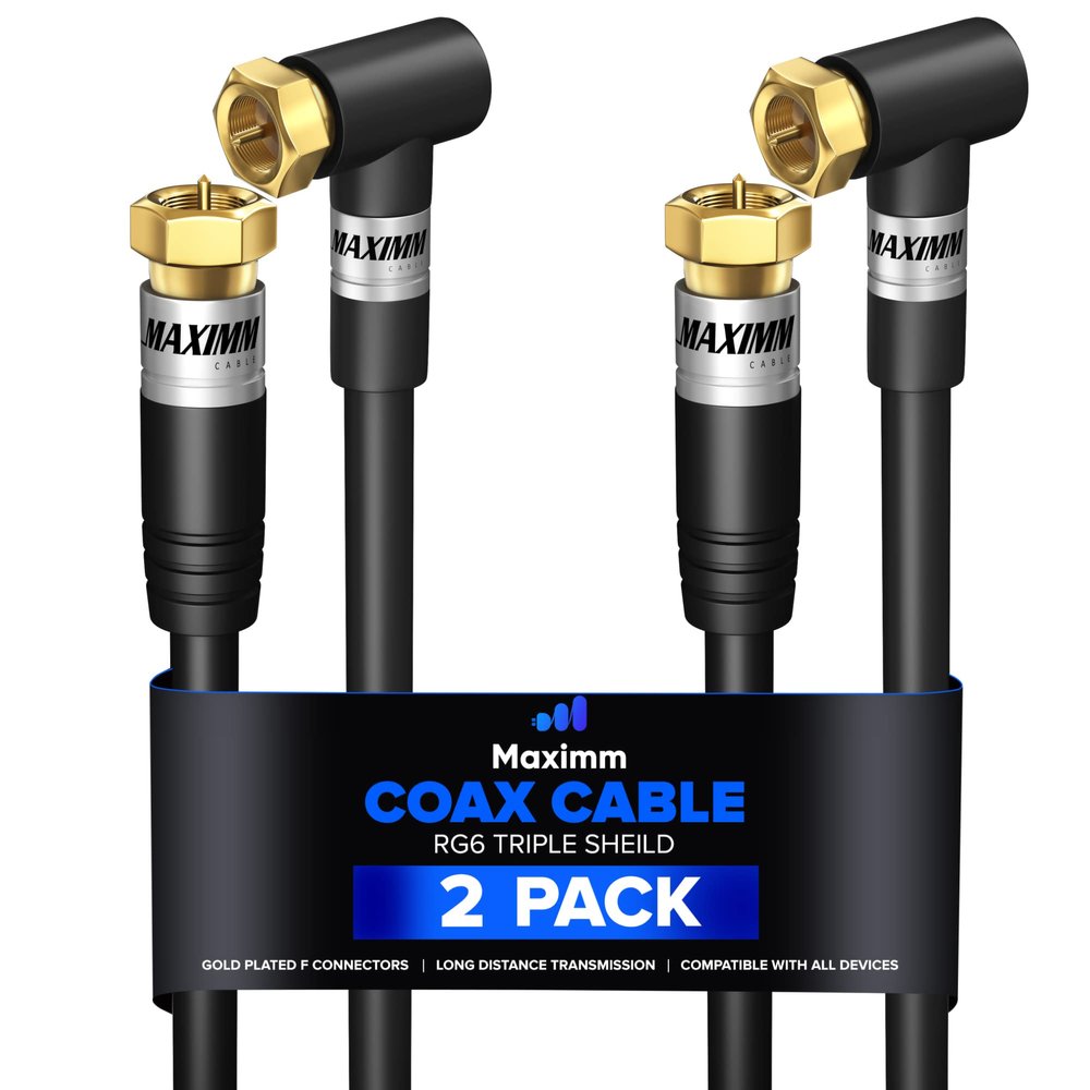 Maximm RG6 COAXIAL Cable with 90 Angled Connector - 3ft / Black / 2 Pack - Triple Shielded, Non-Oxygen Copper Cable Wire for TV, Internet & More - Flexible Coax Cable Cord