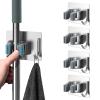 homeasy Mop Broom Holder No Drill, Mop Broom Organizer Wall Mounted Heavy Duty with Hooks Hanger, Self Adhesive Stainless Steel 4Pcs for Bathroom, Kitchen, Office (Silver) view 1