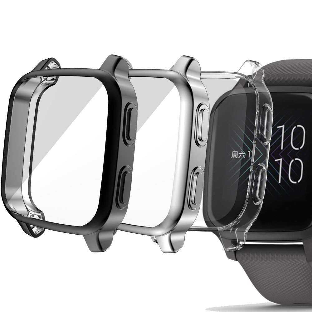 3-Pack BabyValley Case Compatible with Garmin Venu Sq All-Around Case Screen Protector Soft TPU Plated Shockproof Protective Cover Bumper Shell for Venu Sq (Black+Silver+Clear)