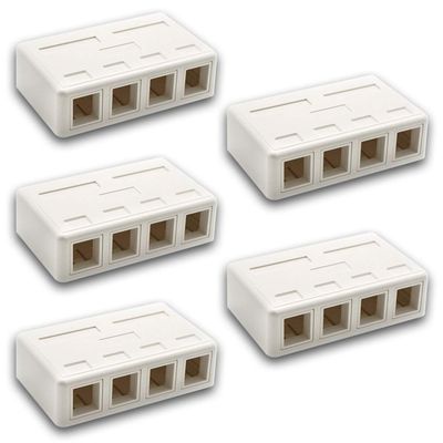 Beszin Keystone Jack Surface Mount Box White, Biscuit for RJ45, RJ11, RJ12 Keystone Jacks, UL Listed, RoHs Compliant (5-Pack, 4-Port)
