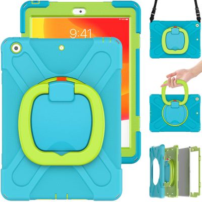 360 Degree Rotating Bracket iPad Air3 Pro10.5 case with Shoulder Strap & Pencil Holder & Handle Shockproof and dustproof Child Protection Cover (iPadPro10.5/Air3, Light Blue Lime)