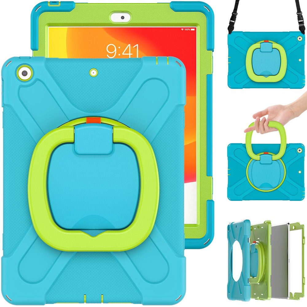 360 Degree Rotating Bracket iPad Air3 Pro10.5 case with Shoulder Strap & Pencil Holder & Handle Shockproof and dustproof Child Protection Cover (iPadPro10.5/Air3, Light Blue Lime)