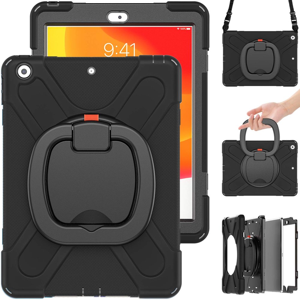 360 Degree Rotating Bracket iPad Air3 Pro10.5 case with Shoulder Strap & Pencil Holder & Handle Shockproof and dustproof Child Protection Cover (iPadPro10.5/Air3, Black+Black)