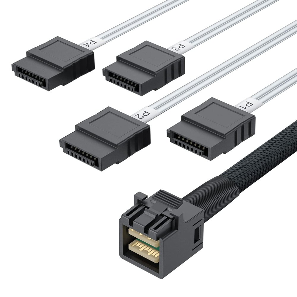 10Gtek MiniSAS HD SFF-8643 Breakout to 4xSATA Cable, for Server JBOD/Storage Tray & SAS RAID Controller Compatibility, 0.5m(1.6ft)