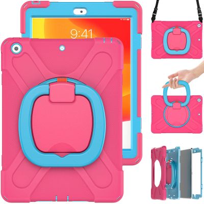 360 Degree Rotating Bracket iPad Air3 Pro10.5 case with Shoulder Strap & Pencil Holder & Handle Shockproof and dustproof Child Protection Cover (iPadPro10.5/Air3, Rose red+Blue)