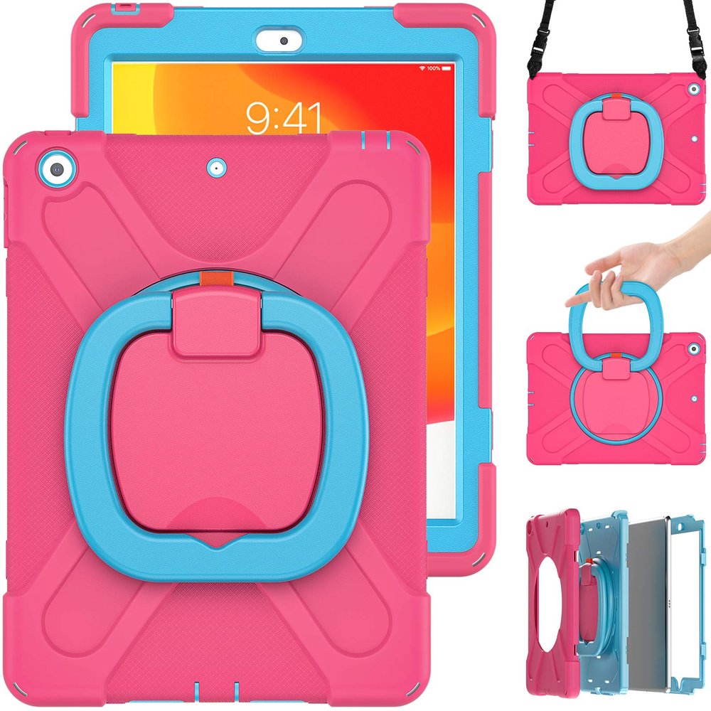 360 Degree Rotating Bracket iPad Air3 Pro10.5 case with Shoulder Strap & Pencil Holder & Handle Shockproof and dustproof Child Protection Cover (iPadPro10.5/Air3, Rose red+Blue)