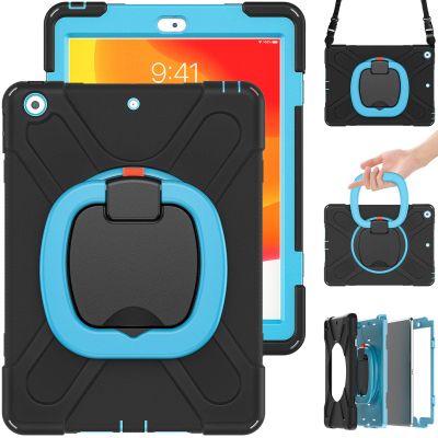 360 Degree Rotating Bracket iPad Air3 Pro10.5 case with Shoulder Strap & Pencil Holder & Handle Shockproof and dustproof Child Protection Cover (iPadPro10.5/Air3, Black+Blue)