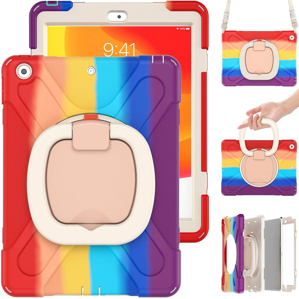 360 Degree Rotating Bracket iPad Air3 Pro10.5 case with Shoulder Strap & Pencil Holder & Handle Shockproof and dustproof Child Protection Cover (iPadPro10.5/Air3, Colourful Red)