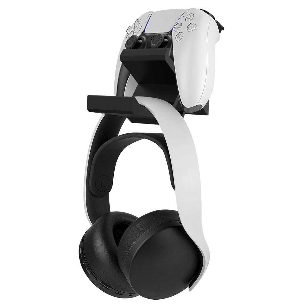 Linkidea Gaming Headset & Controller Holder, Dual Gamepad Controller & Headphone Hanger for PS5, PS4, Xbox One, Xbox 360, Pulse 3D Headset, Wall Mount Stand Universal Headsets (Black)