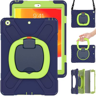 360 Degree Rotating Bracket iPad Air3 Pro10.5 case with Shoulder Strap & Pencil Holder & Handle Shockproof and dustproof Child Protection Cover (iPadPro10.5/Air3, Navy Blue+Lime)