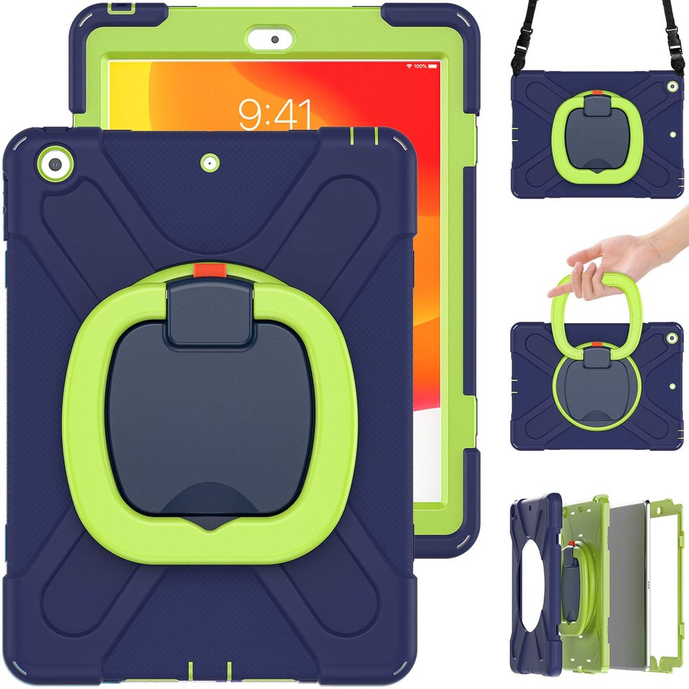 360 Degree Rotating Bracket iPad Air3 Pro10.5 case with Shoulder Strap & Pencil Holder & Handle Shockproof and dustproof Child Protection Cover (iPadPro10.5/Air3, Navy Blue+Lime)