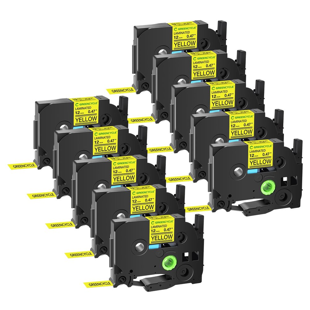 GREENCYCLE 10 Pack Compatible for Ptouch TZe-631 AZE 631 TZ631 TZ-631 1/2" 12mm 0.47 inch Laminated Black on Yellow TZ TZe Label Tapes Used in PTH110 PT-D200 PTD600 D400 Label Makers