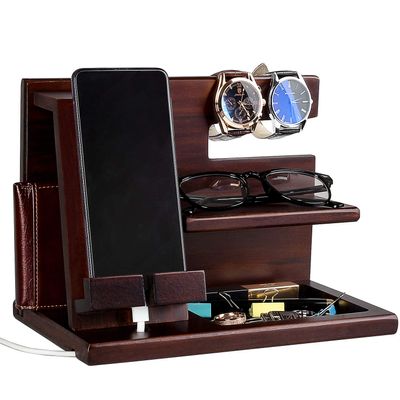 Wood Phone Docking Station for Men - Wooden Nightstand Organizer - Personalized Idea for Him, Husband, Boyfriend, Dad, Son, Boss, Colleague - Perfect for Anniversary, Birthday, Christmas, Fathers Day