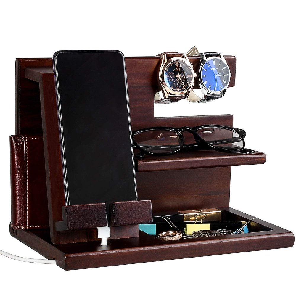 Wood Phone Docking Station for Men - Wooden Nightstand Organizer - Personalized Idea for Him, Husband, Boyfriend, Dad, Son, Boss, Colleague - Perfect for Anniversary, Birthday, Christmas, Fathers Day