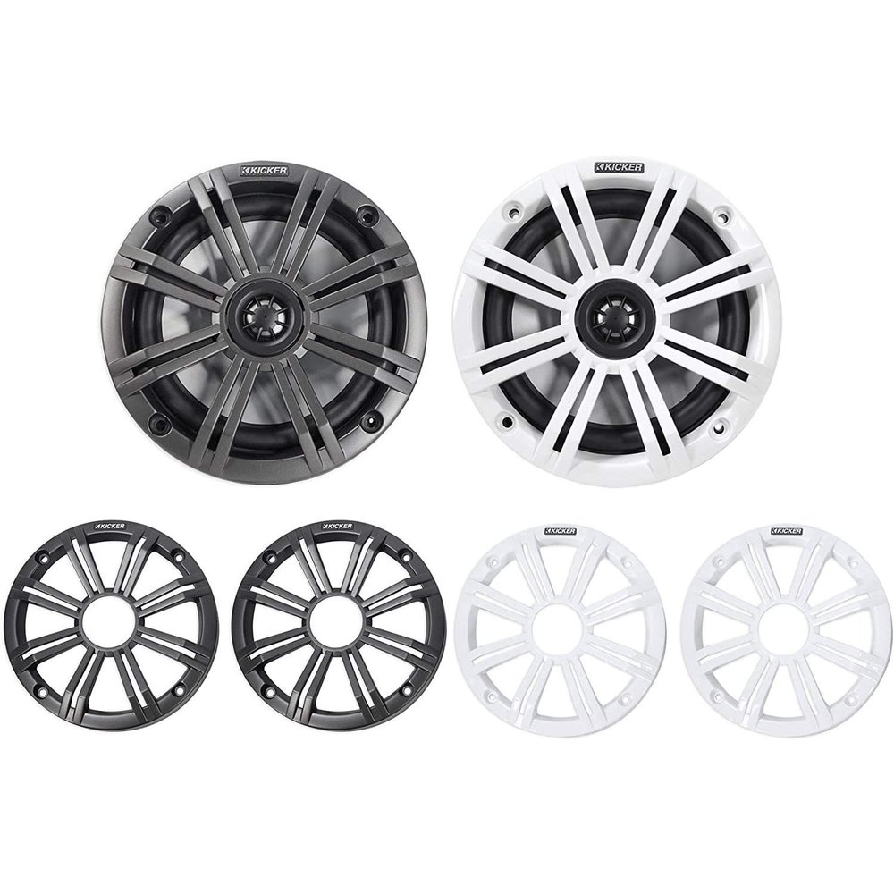 Kicker 45KM654 6.5 Inch Marine Coaxial Boat Speakers with Black and White Grilles, Pair, 4-Ohm, 195 Max Watts (Renewed)