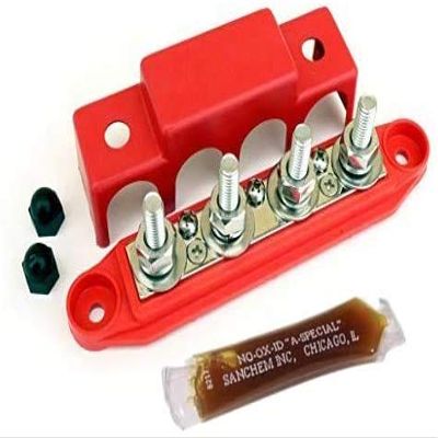Bay Marine Supply Busbar - Made in USA 4-Post 250 Amp Stainless Steel Distribution Block - 5/16" Red - Complimentary Conductive Grease