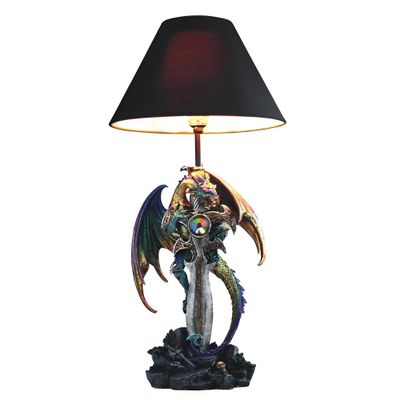 ICE Armor 24.5" Fantasy Collectible Dragon Statue Table Lamp Wrap Around Cross with Fabric Light Shade for Gothic and Medieval Dcor (71792Purple/Green)
