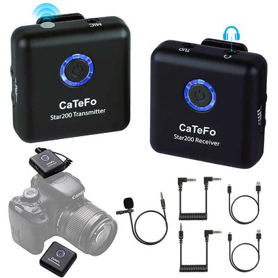 CaTeFo Star200T1 2.4GHz Wireless Lavalier Microphone System for Camera, Tiny Omnidirectional Lapel Mic Compatible with DSLR Camera Camcorders iPhone Android Smartphone Tablet, 200' ft Audio Range