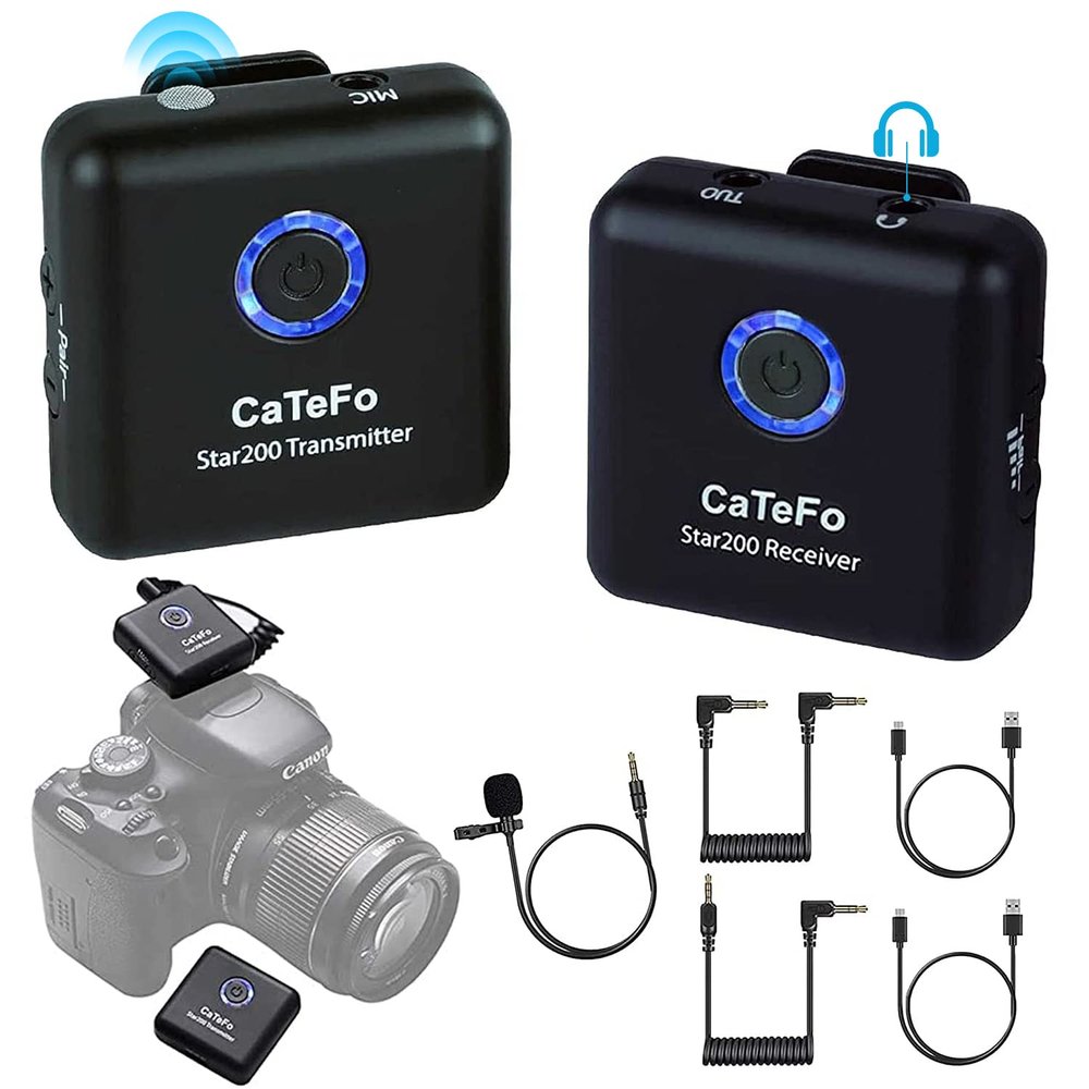 CaTeFo Star200T1 2.4GHz Wireless Lavalier Microphone System for Camera, Tiny Omnidirectional Lapel Mic Compatible with DSLR Camera Camcorders iPhone Android Smartphone Tablet, 200' ft Audio Range