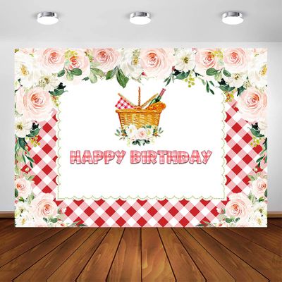 Avezano Picnic Birthday Party Backdrop for Girl Blush Pink Floral Red Gingham Birthday Party Photography Background Girl Summer Park Birthday Party Decoration Photoshoot (8x6ft)