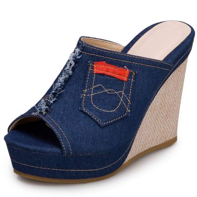 ZBYY Women's Flip Flop Sandals Open Toe Denim Wedge Platform Shoes Outdoor High Heel Sandals for Wedding Party Dress
