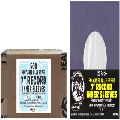(500) Super Heavyweight Polylined Blue Paper Inner Sleeves for 7" Records - Archival Quality, Acid-Free, Static-Free - Premium Protection - #07IABl