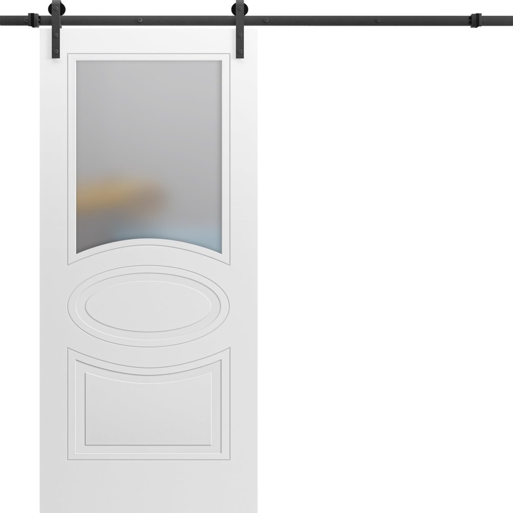 VDOMDOORS Mela 7012 | Interior Single Sliding barn Door with Frosted Glass, MDF, 24x96, White, Classic Style | Hardware Included