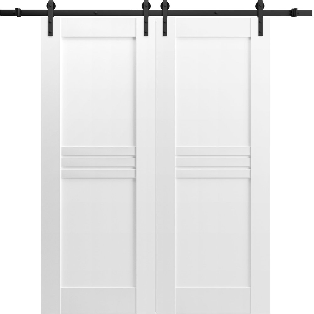 VDOMDOORS Modern Double Barn Door/Mela 7444 / 13FT Rail Track Set/Solid Panel Interior Doors-36" x 96"-Black Rail