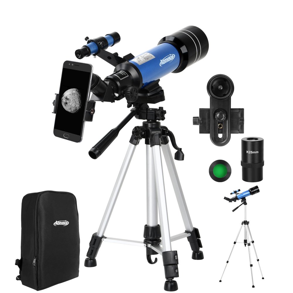 AOMEKIE Telescopes for Adults Astronomy with Backpack Telescope for Beginners with Metal Kellner Eyepieces 70mm Travel Telescope Adjustable Tripod 3X Barlow Lens Phone Adapter