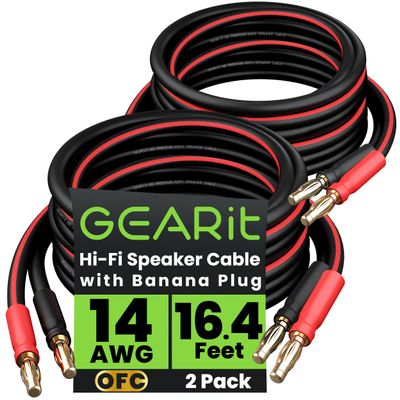 GEARit 14 AWG Speaker Cable Wire with Banana Plugs (2 Pack, 16.4 Feet - 5 Meter) 14Ga Gauge Banana Wire for Bi-Wire Bi-Amp HiFi Surround Sound - 99.9% OFC Copper, Gold Plated Tips - Black, 16.4 Ft
