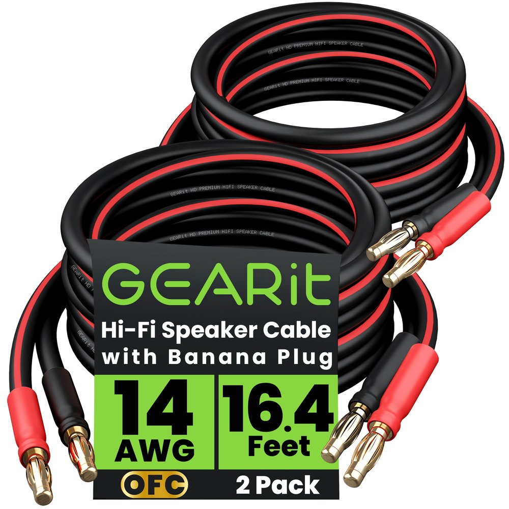 GEARit 14 AWG Speaker Cable Wire with Banana Plugs (2 Pack, 16.4 Feet - 5 Meter) 14Ga Gauge Banana Wire for Bi-Wire Bi-Amp HiFi Surround Sound - 99.9% OFC Copper, Gold Plated Tips - Black, 16.4 Ft