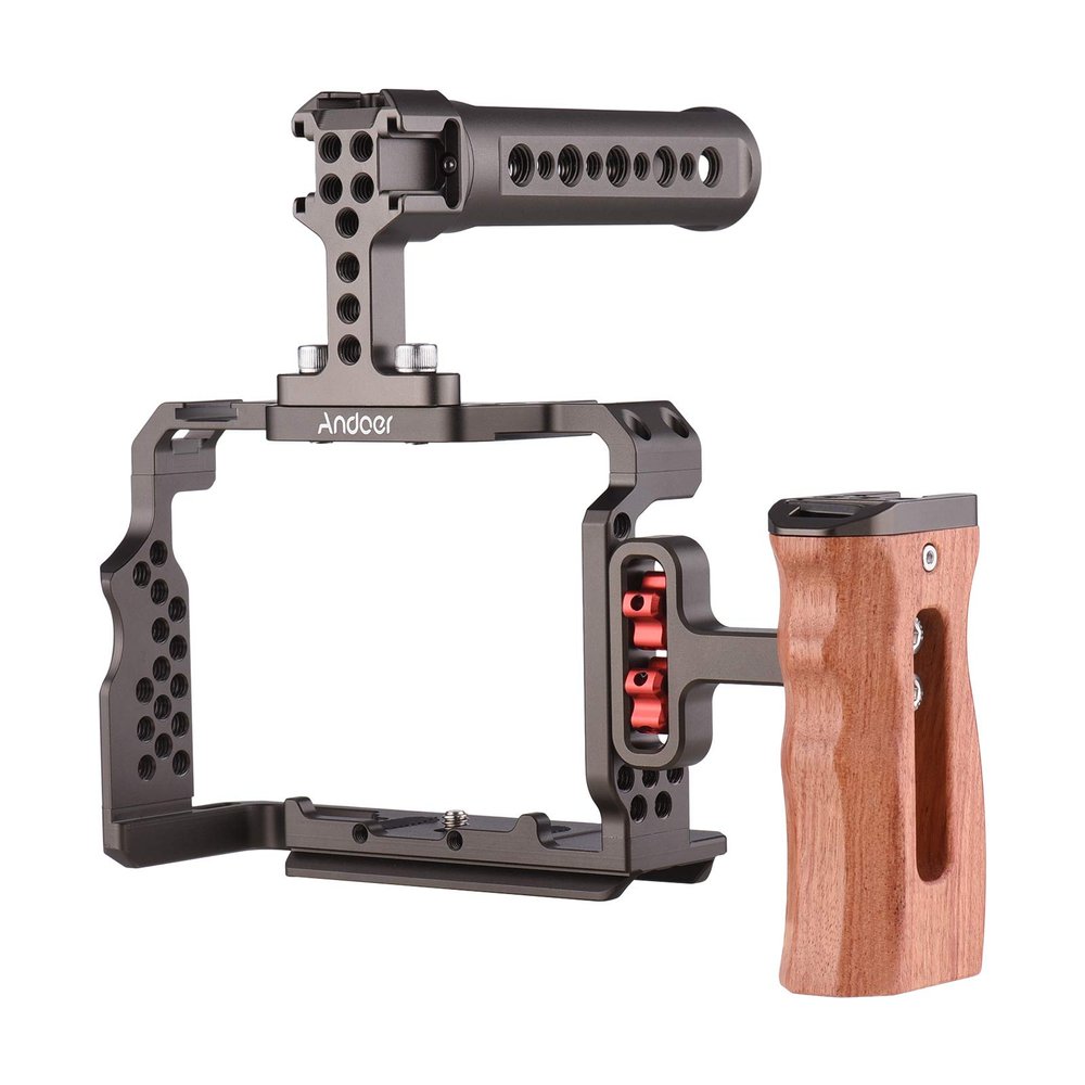 Andoer Camera Rig Aluminum Alloy Replacement Kit with Wooden Handle on Top Video Handle for Sony A7R III, A7 II, A7III