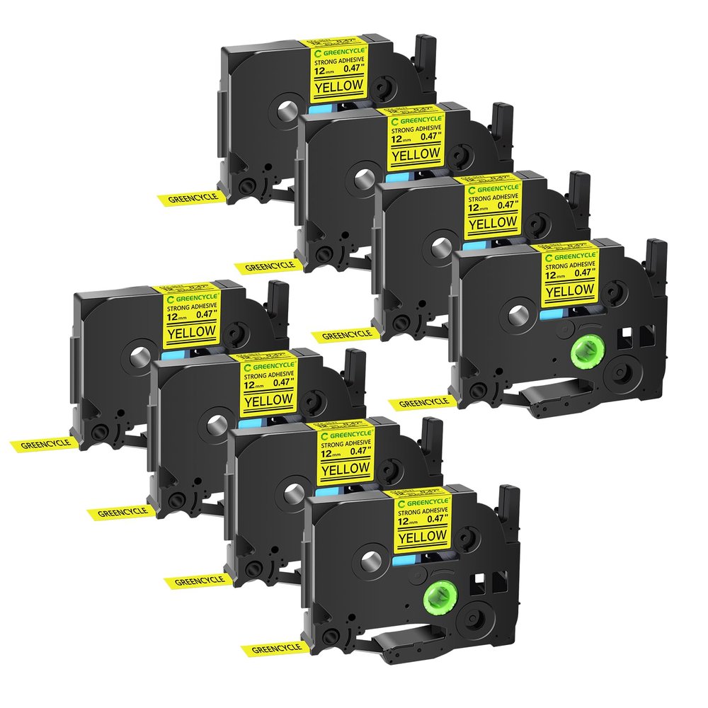 GREENCYCLE Extra Strength Adhesive Black on Yellow Label Tape Compatible for TZE-S631 TZeS631 AZE631 0.47 Inch 12mm for PT-E550W PT2430PC 1890C PT-D210 300BT PT-1010 PTH100 D200-8 Pack