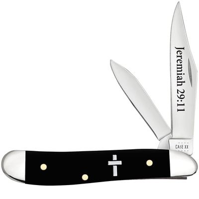 Case XX WR POCKET KNIFE PEANUT - JEREMIAH 29:11 - SMOOTH BLACK SYNTHETIC, ITEM 60866, LENGTH CLOSED 2 7/8 INCH (2220 SS)