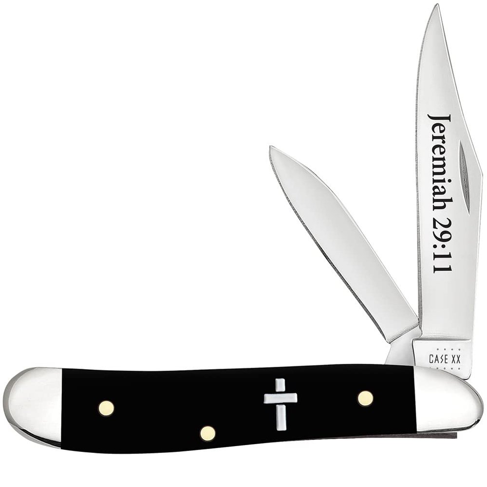 Case XX WR POCKET KNIFE PEANUT - JEREMIAH 29:11 - SMOOTH BLACK SYNTHETIC, ITEM 60866, LENGTH CLOSED 2 7/8 INCH (2220 SS)